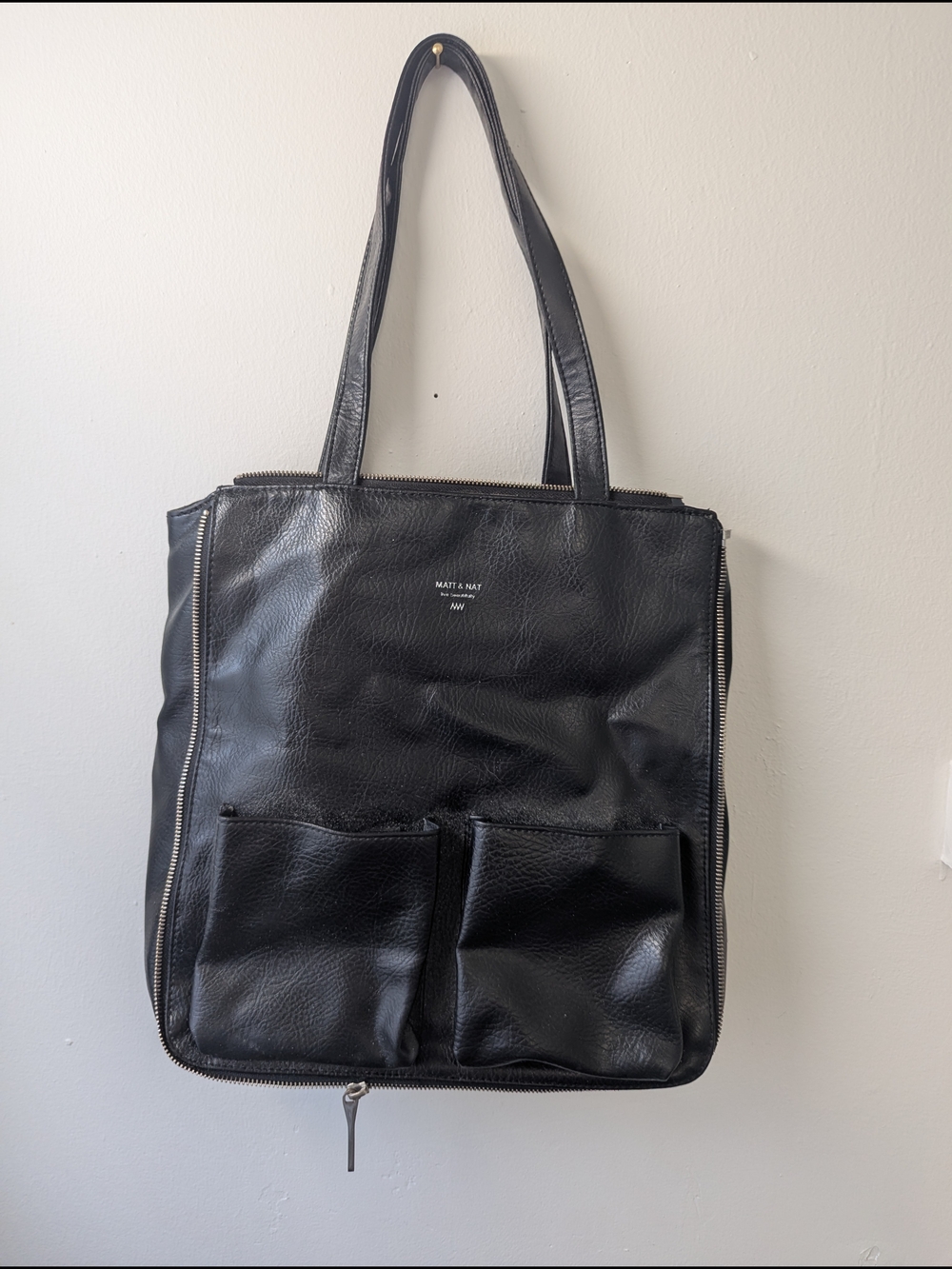 Matt & Nat Black Vegan Leather Zipper Expandable Tote with Front Pockets